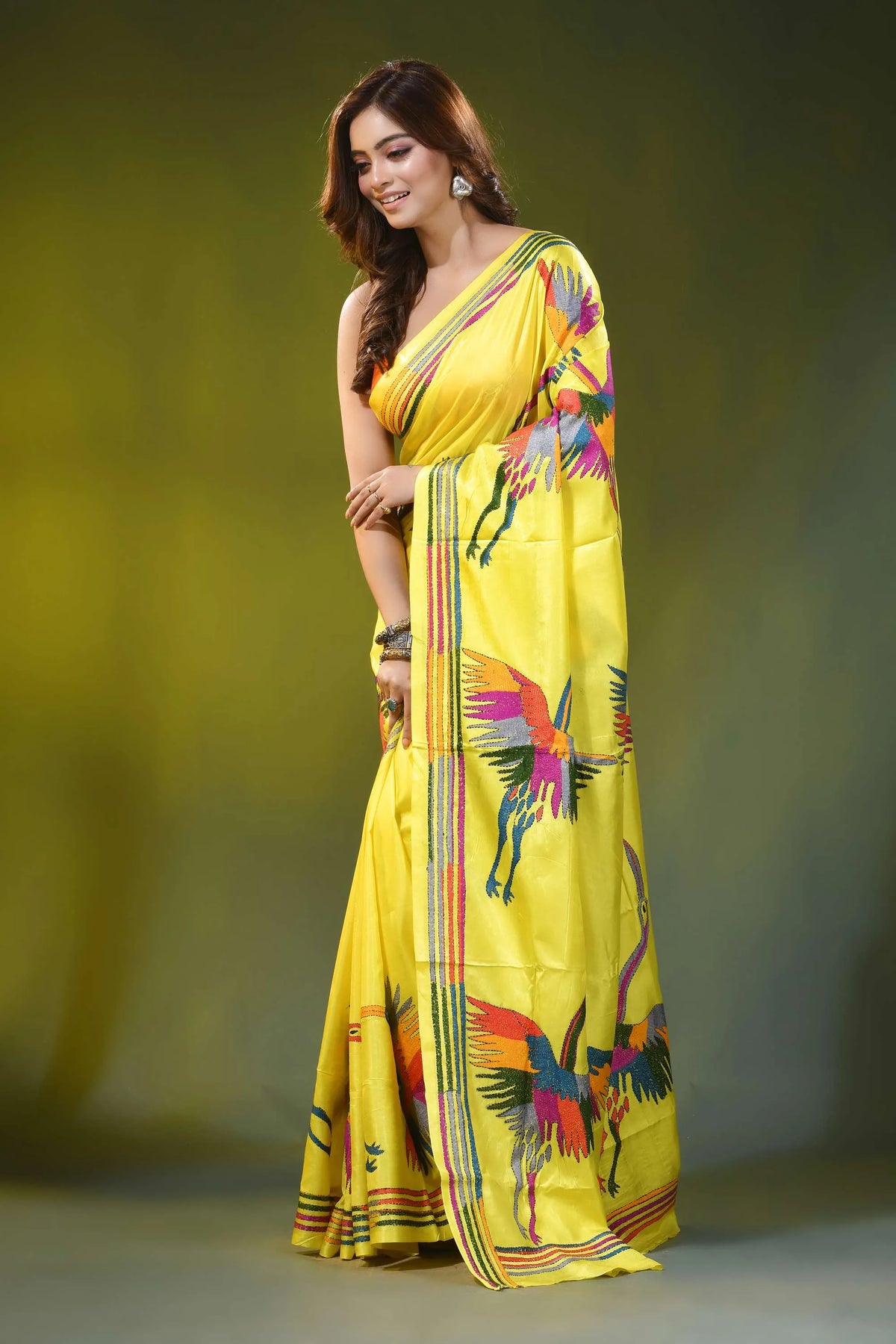 Bright yellow silk kantha stitch saree with multicolor heron motif 3