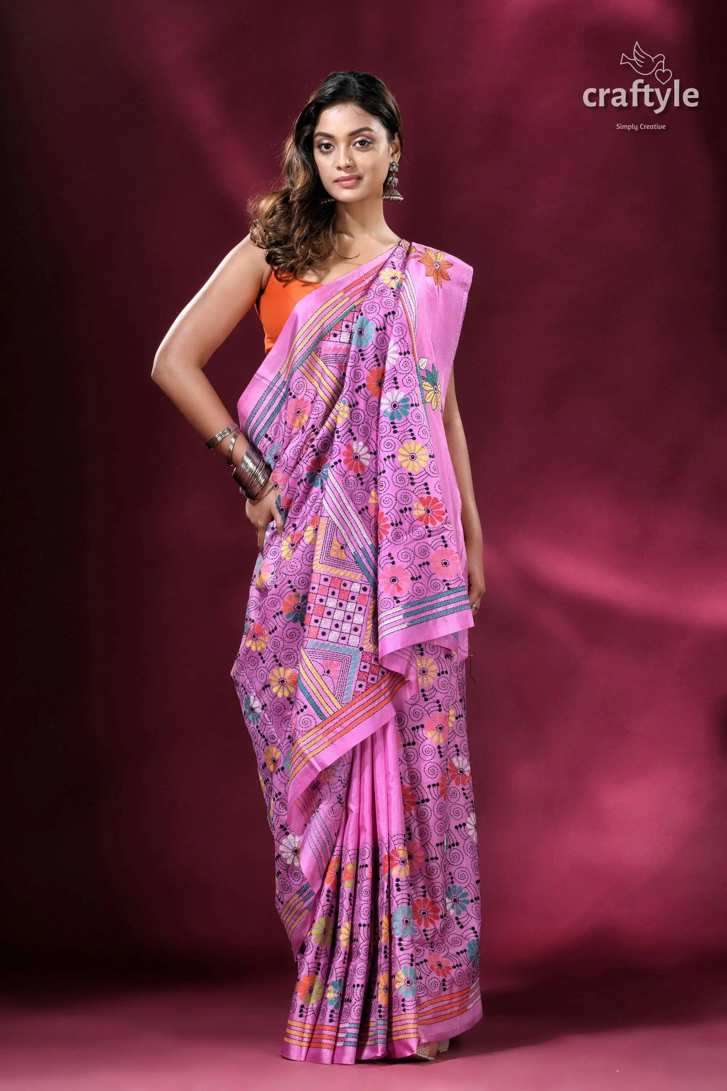 Brilliant lavender exquisite kantha silk saree pink floral patterned saree 4