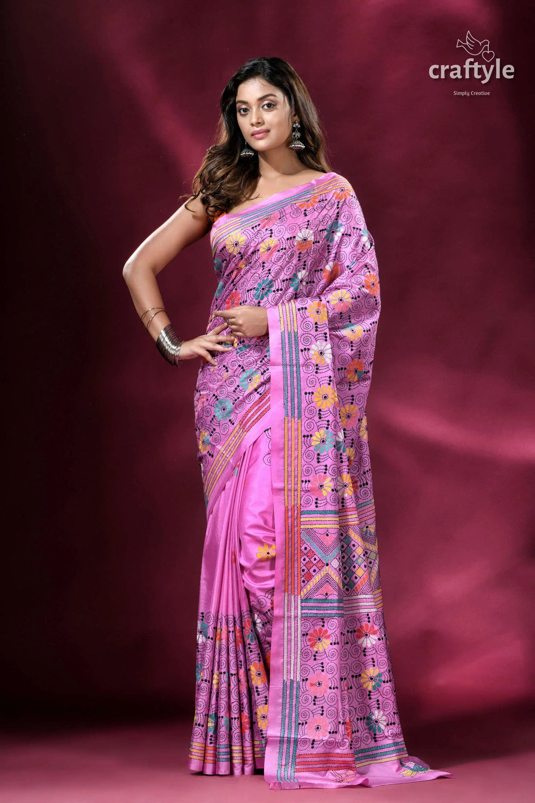 Brilliant lavender exquisite kantha silk saree pink saree floral embroidery 1