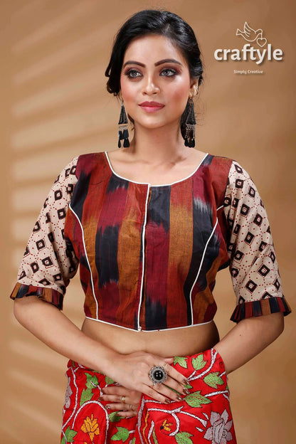 Brown kantha work applique designer cotton blouse patterned blouse white trim 4