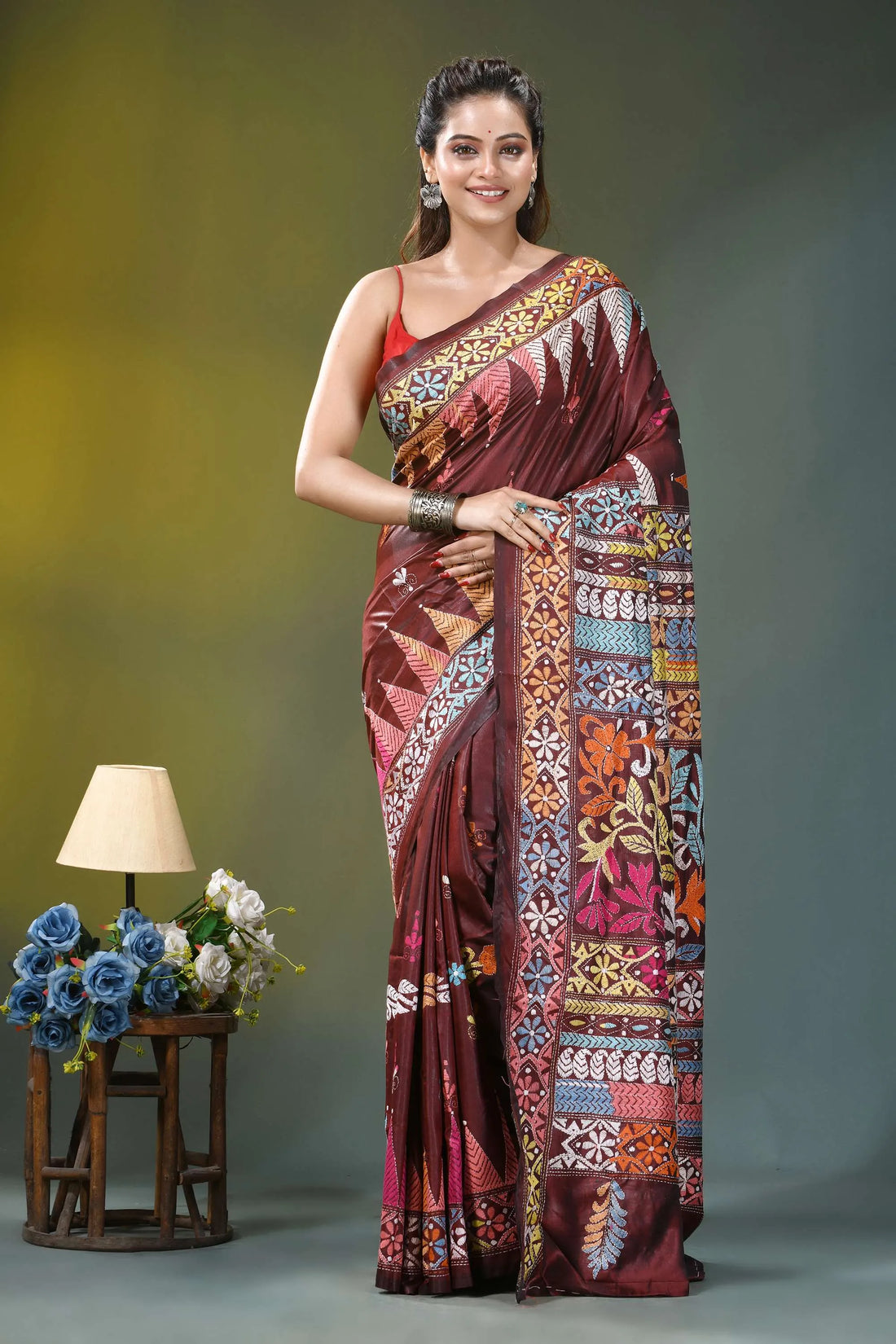 Brown multi-thread floral kantha stitch silk saree maroon silk saree intricate multicolored 1