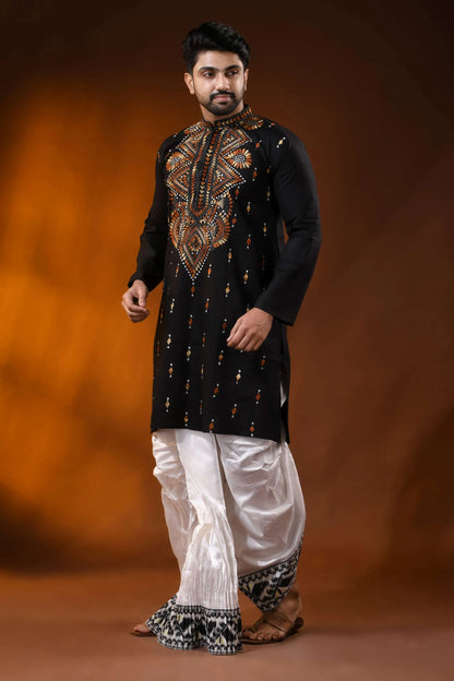 Brown thread kantha stitch black pure cotton kurta for men - handmade 4