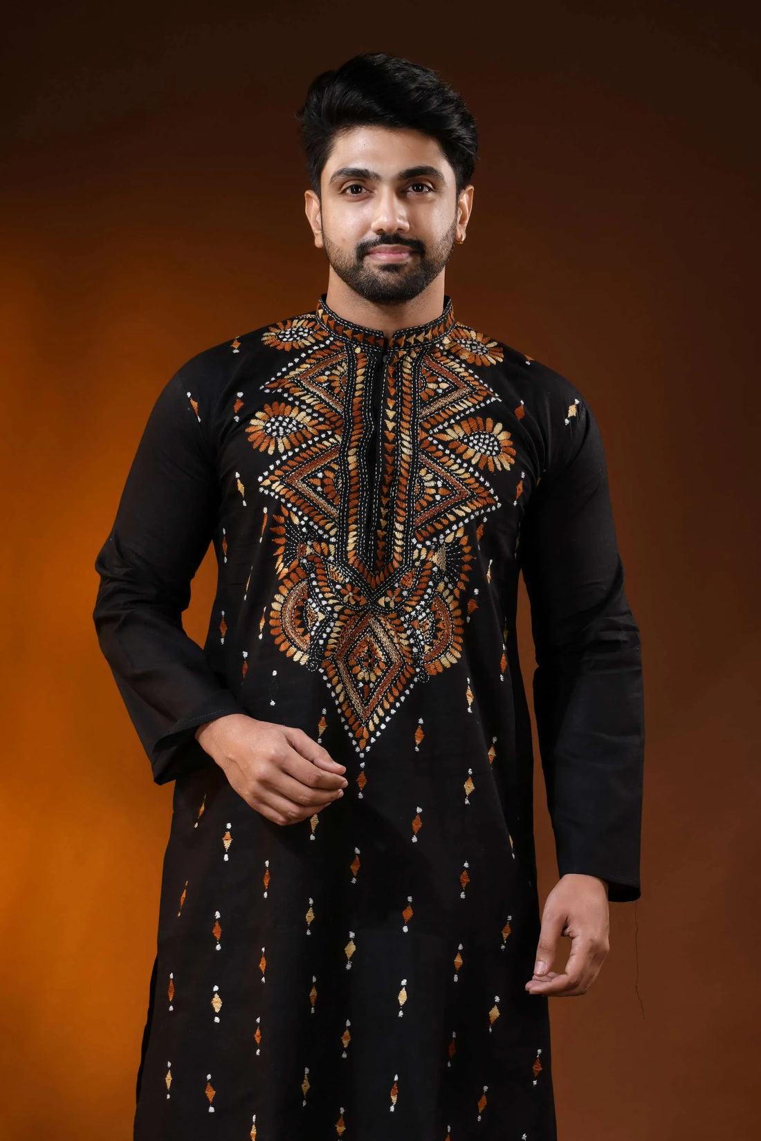 Brown thread kantha stitch black pure cotton kurta for men - handmade 2