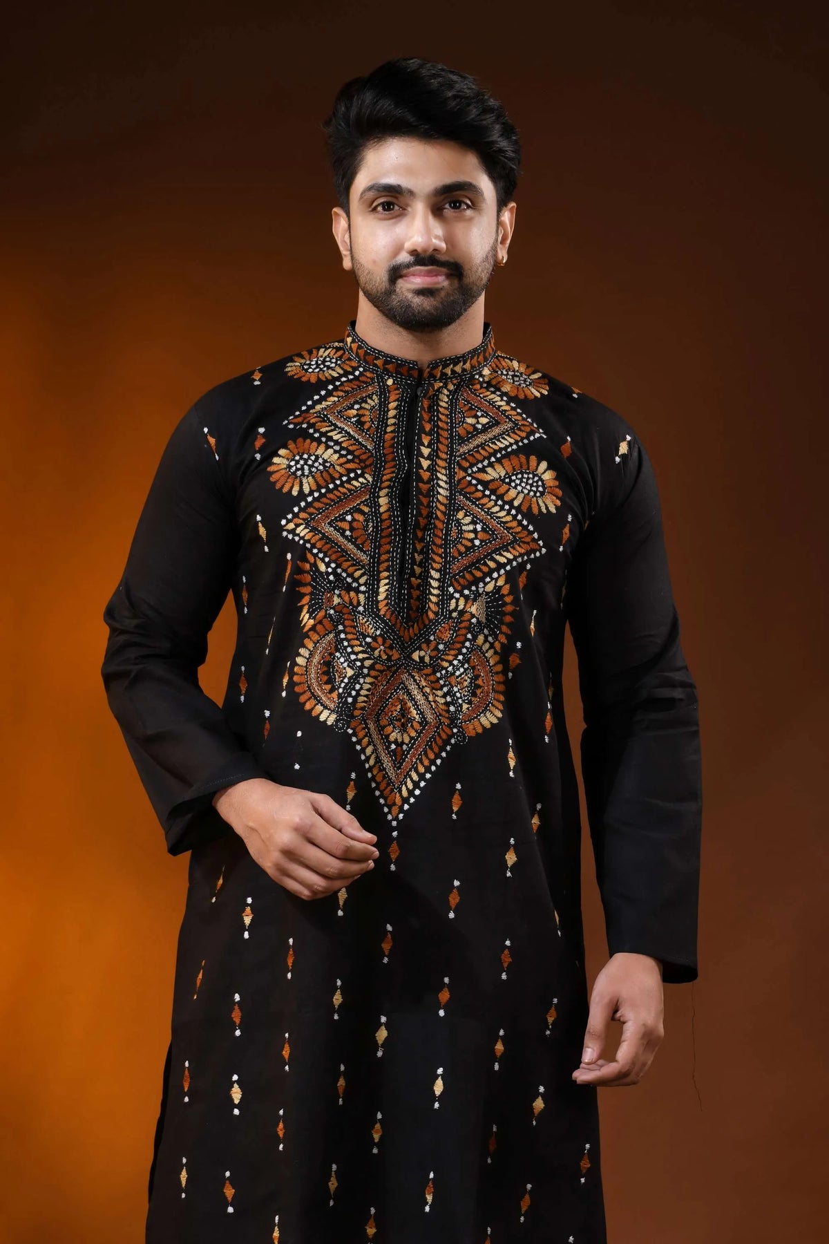 Brown thread kantha stitch black pure cotton kurta for men - handmade 2