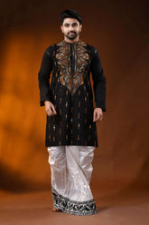 Brown thread kantha stitch black pure cotton kurta for men - handmade 1