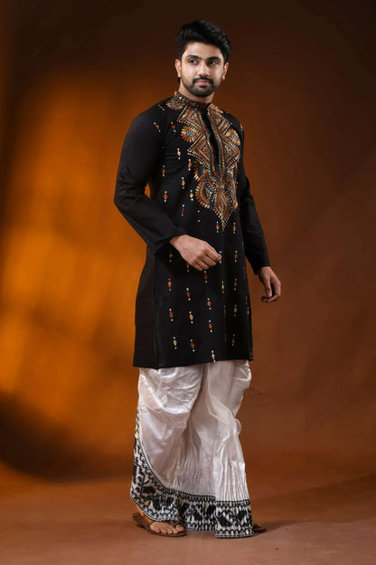 Brown thread kantha stitch black pure cotton kurta for men - handmade 3