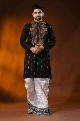 Brown thread kantha stitch black pure cotton kurta for men - handmade 6
