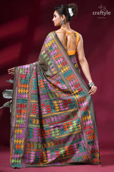Brownish grey exquisite multi-thread kantha silk saree vibrant multicolored geometric-patterned saree intricate 5