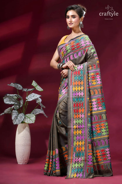Brownish grey exquisite multi-thread kantha silk saree vibrant intricately patterned brown saree 3
