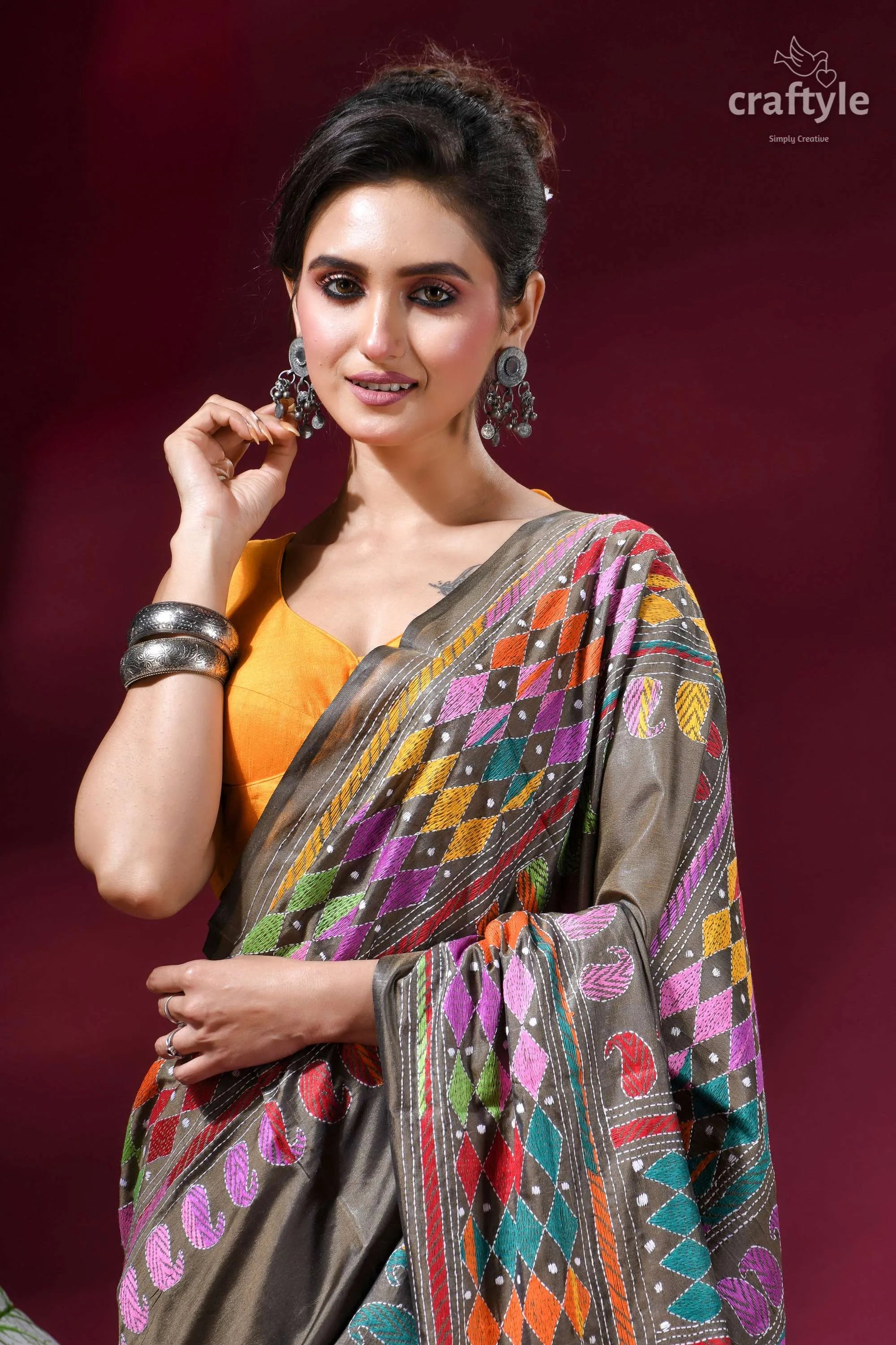 Brownish grey exquisite multi-thread kantha silk saree saree features vibrant multicolored geometric 2