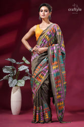 Brownish grey exquisite multi-thread kantha silk saree vibrant intricately patterned brown saree 4