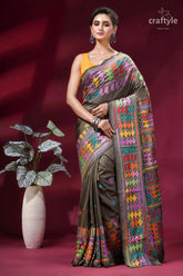Brownish grey exquisite multi-thread kantha silk saree woman wears brown silk saree 1