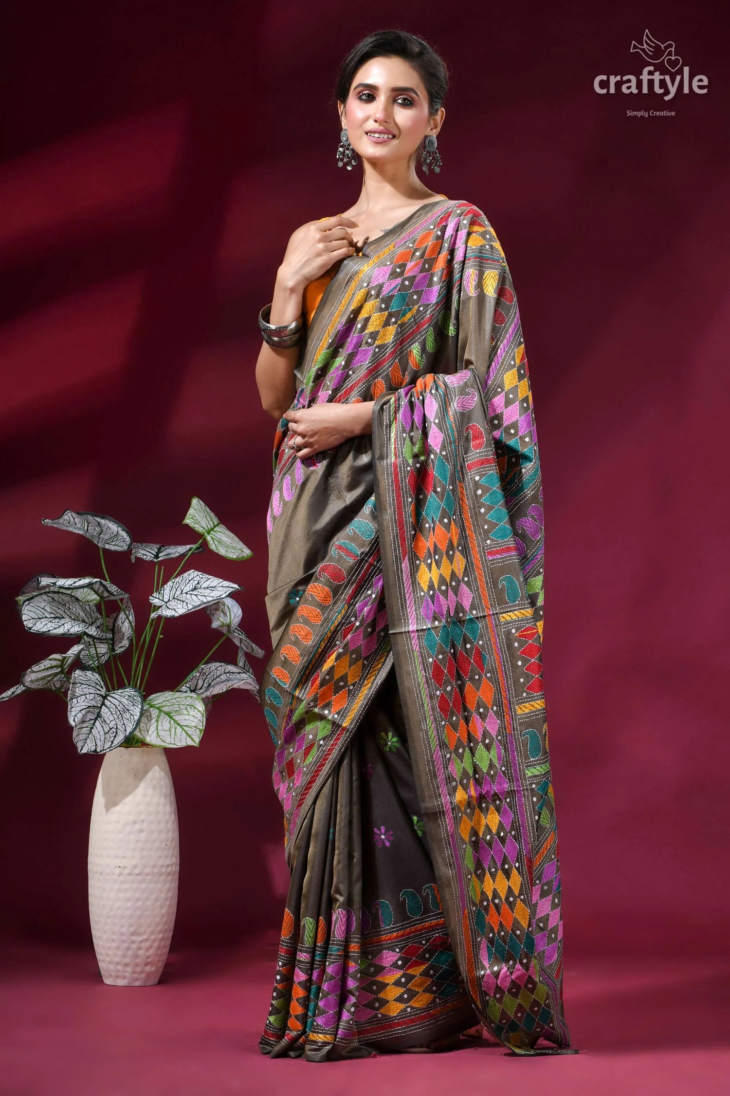 Brownish grey exquisite multi-thread kantha silk saree woman wears vibrant intricately patterned 6