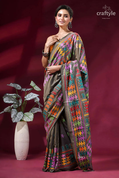 Brownish grey exquisite multi-thread kantha silk saree woman wears vibrant intricately patterned 6