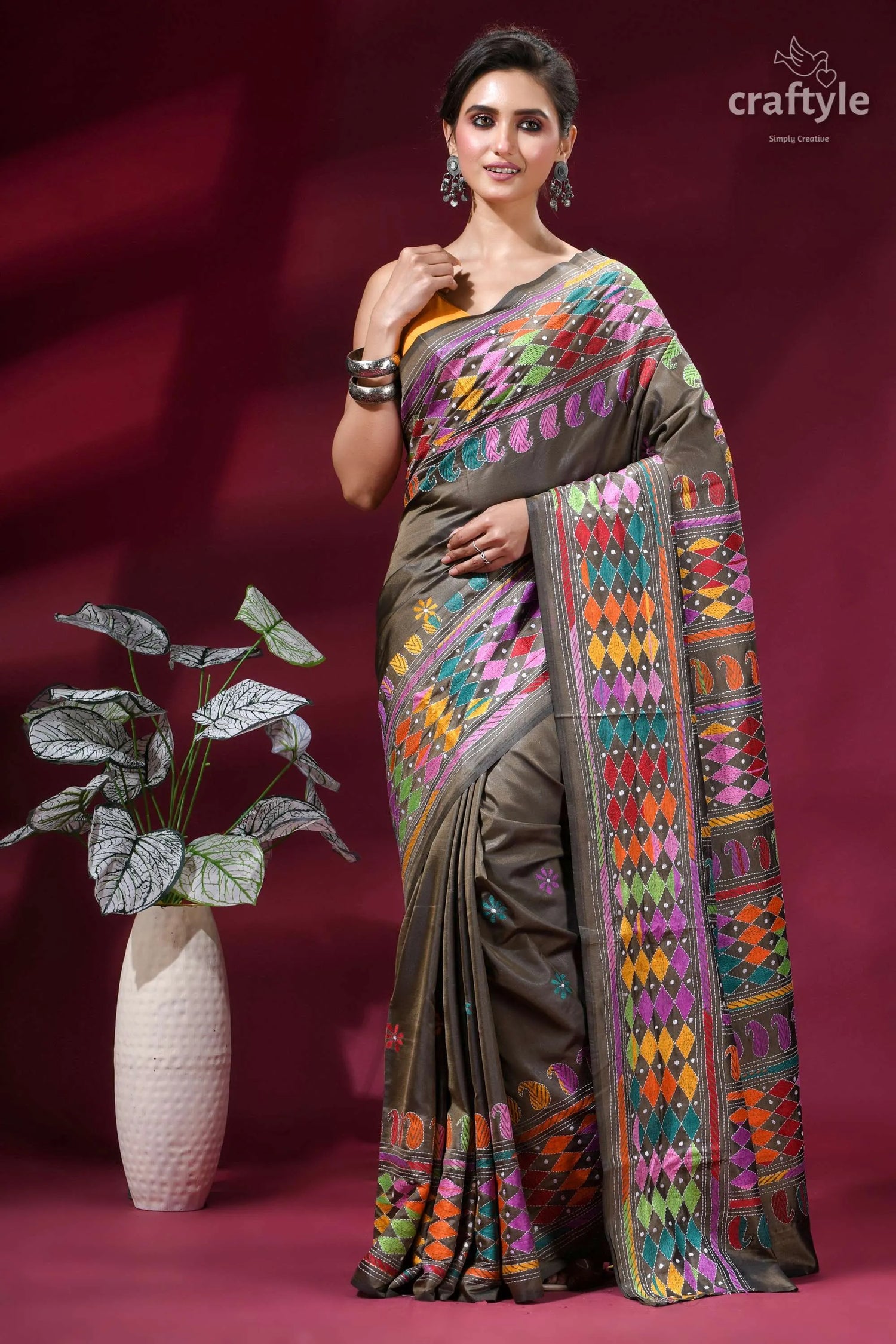 Brownish grey exquisite multi-thread kantha silk saree vibrant intricately embroidered brown saree 7