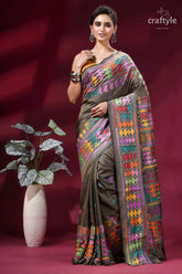 Brownish grey exquisite multi-thread kantha silk saree vibrant intricately embroidered brown saree 7