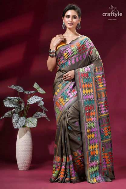 Brownish grey exquisite multi-thread kantha silk saree vibrant intricately embroidered brown saree 7