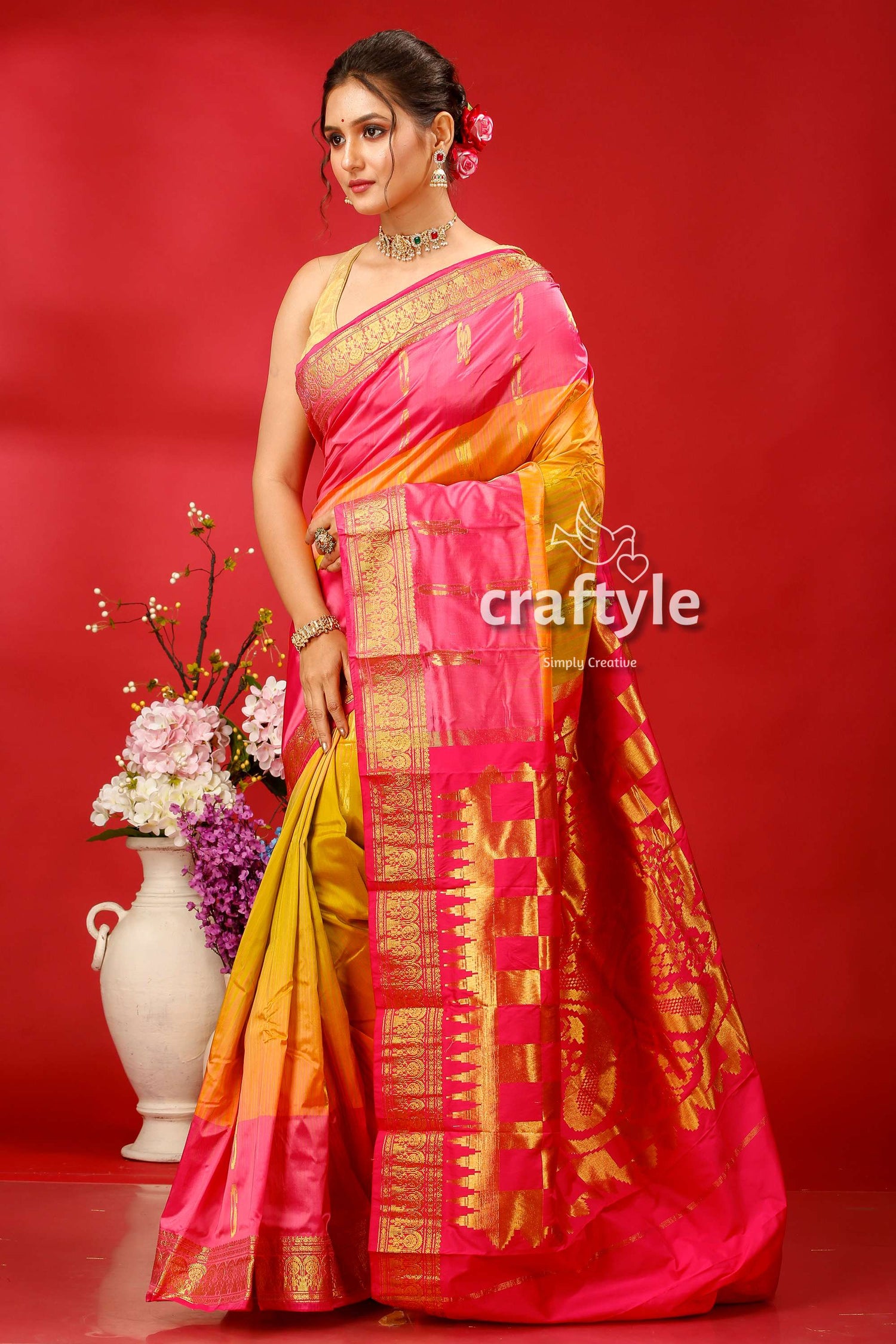 Buddha Gold Pink Kanjivaram Silk Saree - Luxurious Indian Ethnic Wear - Craftyle