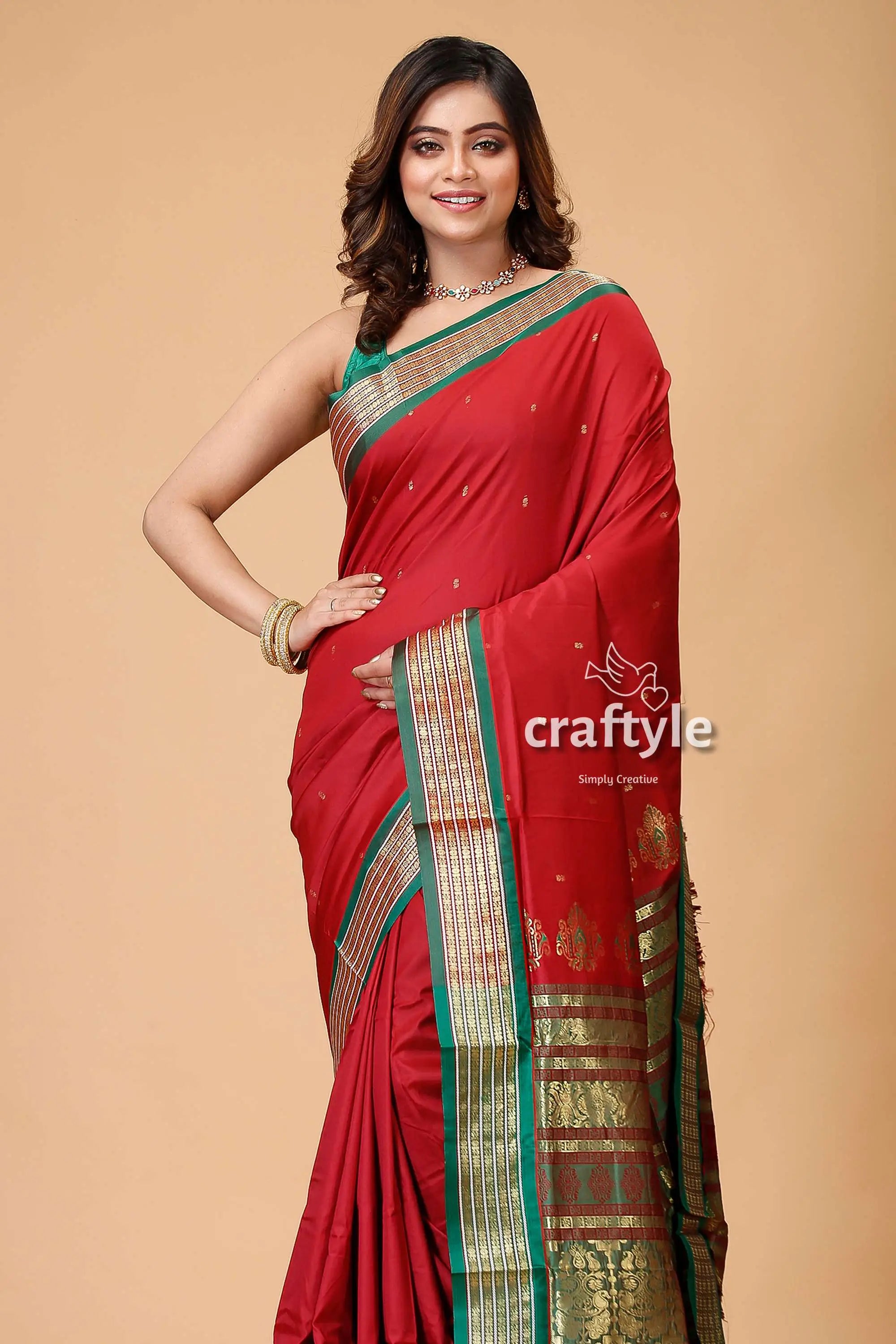 Burgundy bomkai silk saree with zari and meenakari accents red saree green gold border 2
