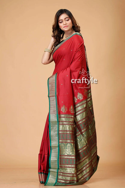 Burgundy bomkai silk saree with zari and meenakari accents red saree green gold border 3