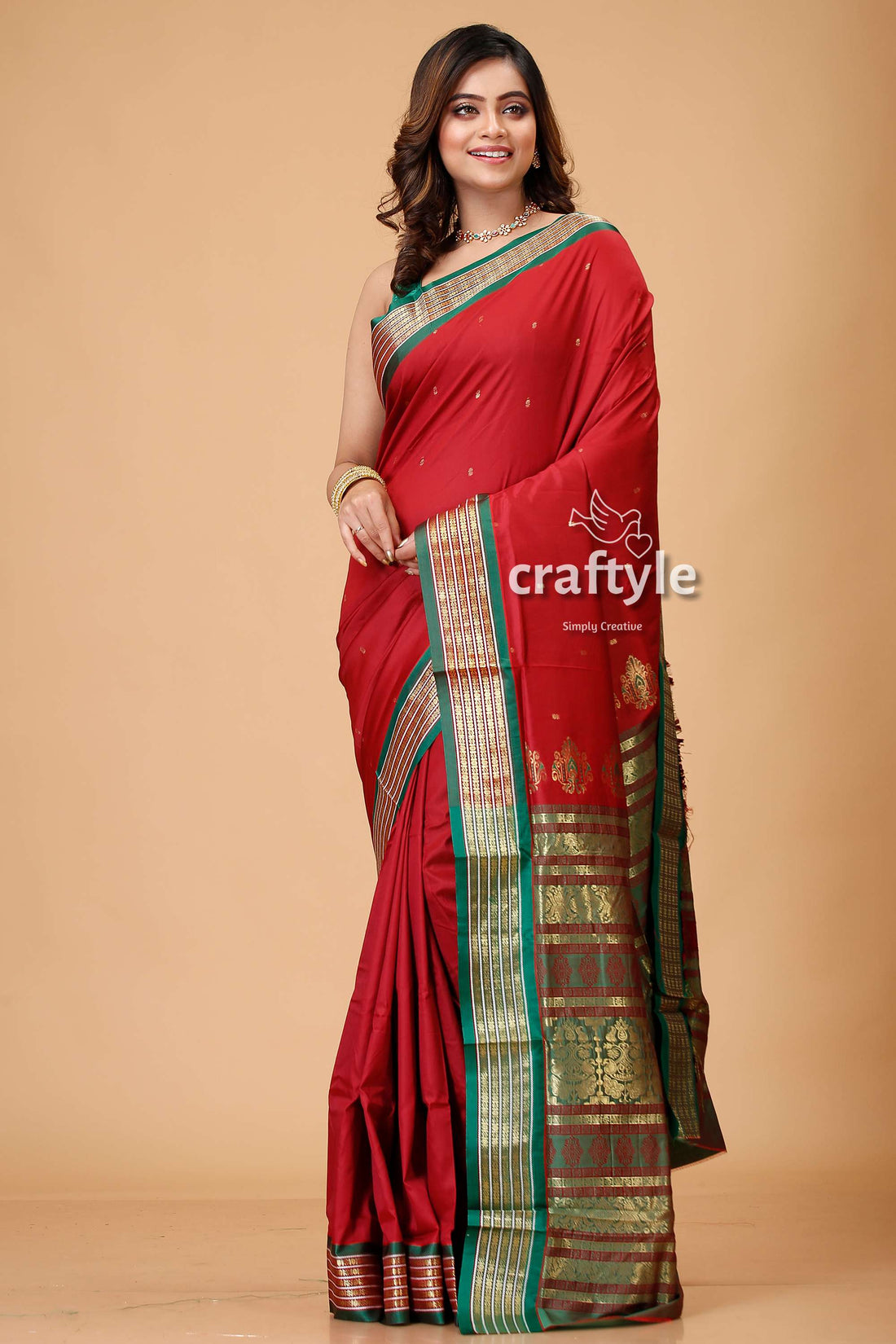 Burgundy Bomkai Silk Saree with Zari and Meenakari Accents-Craftyle