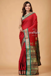 Burgundy bomkai silk saree with zari and meenakari accents red saree green gold border 1