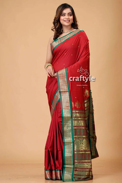 Burgundy bomkai silk saree with zari and meenakari accents red saree green gold border 1
