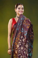 Burgundy kantha embroidery silk saree with floral vine motif 2