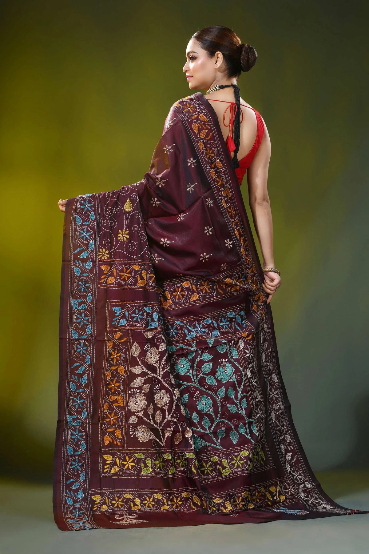 Burgundy kantha embroidery silk saree with floral vine motif 6