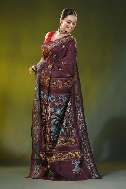 Burgundy kantha embroidery silk saree with floral vine motif 5