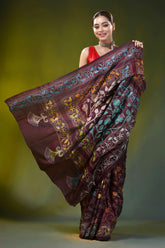 Burgundy kantha embroidery silk saree with floral vine motif 4