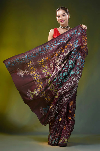 Burgundy kantha embroidery silk saree with floral vine motif 4