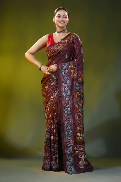 Burgundy kantha embroidery silk saree with floral vine motif 7