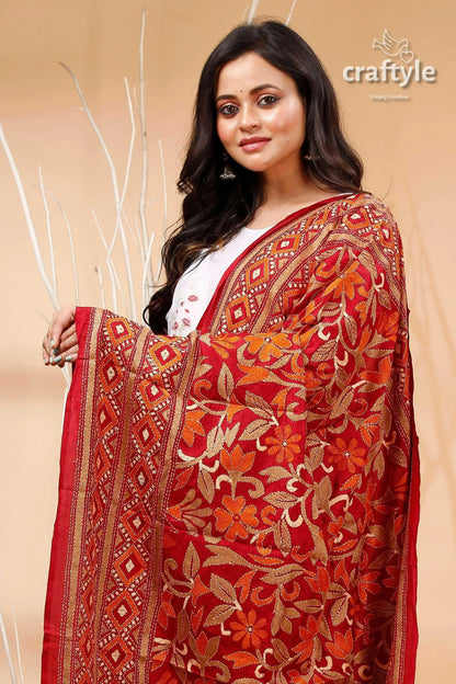 Burgundy pure silk dupatta with floral kantha embroidery red floral embroidered dupatta gold 2