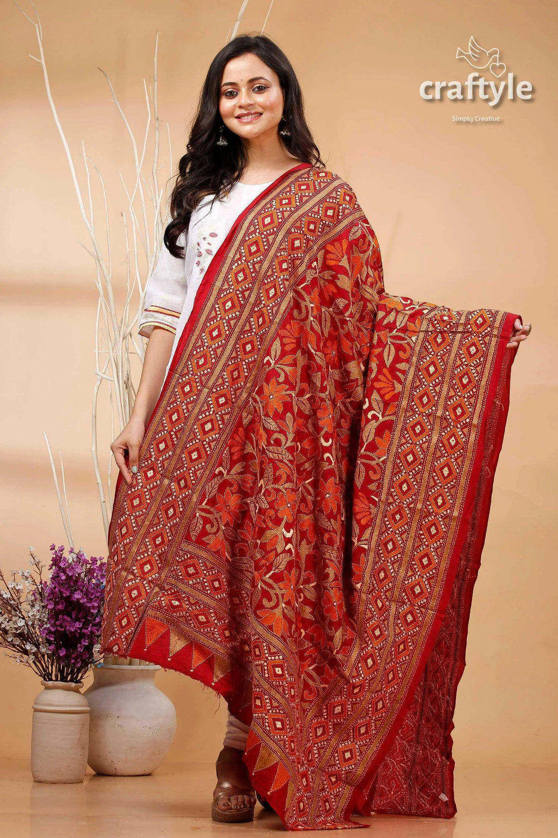 Burgundy pure silk dupatta with floral kantha embroidery red gold embroidered saree intricate 1