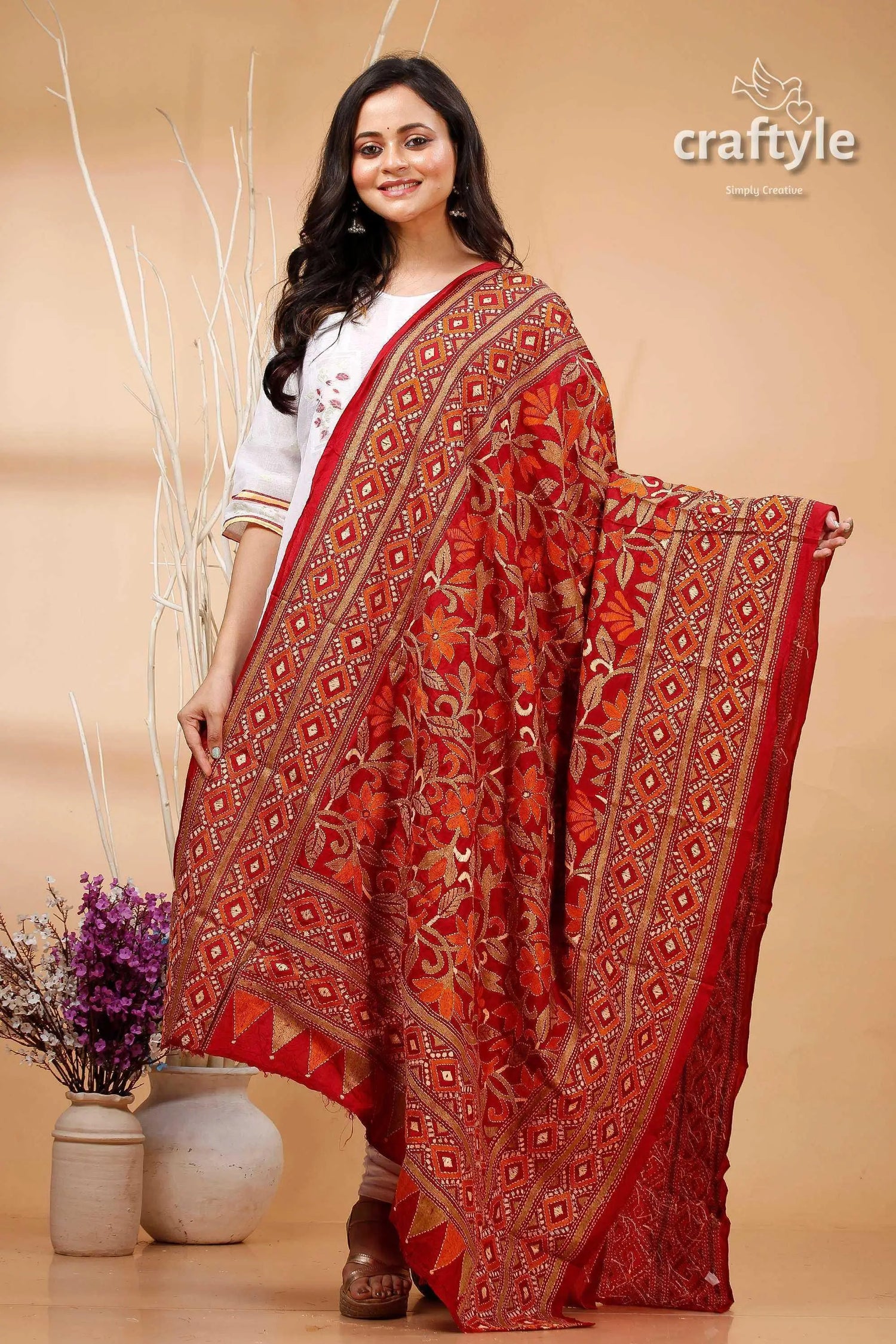 Burgundy pure silk dupatta with floral kantha embroidery red gold embroidered saree intricate 1