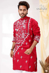 Burgundy red white thread kantha work cotton punjabi for men embroidered kurta floral 2
