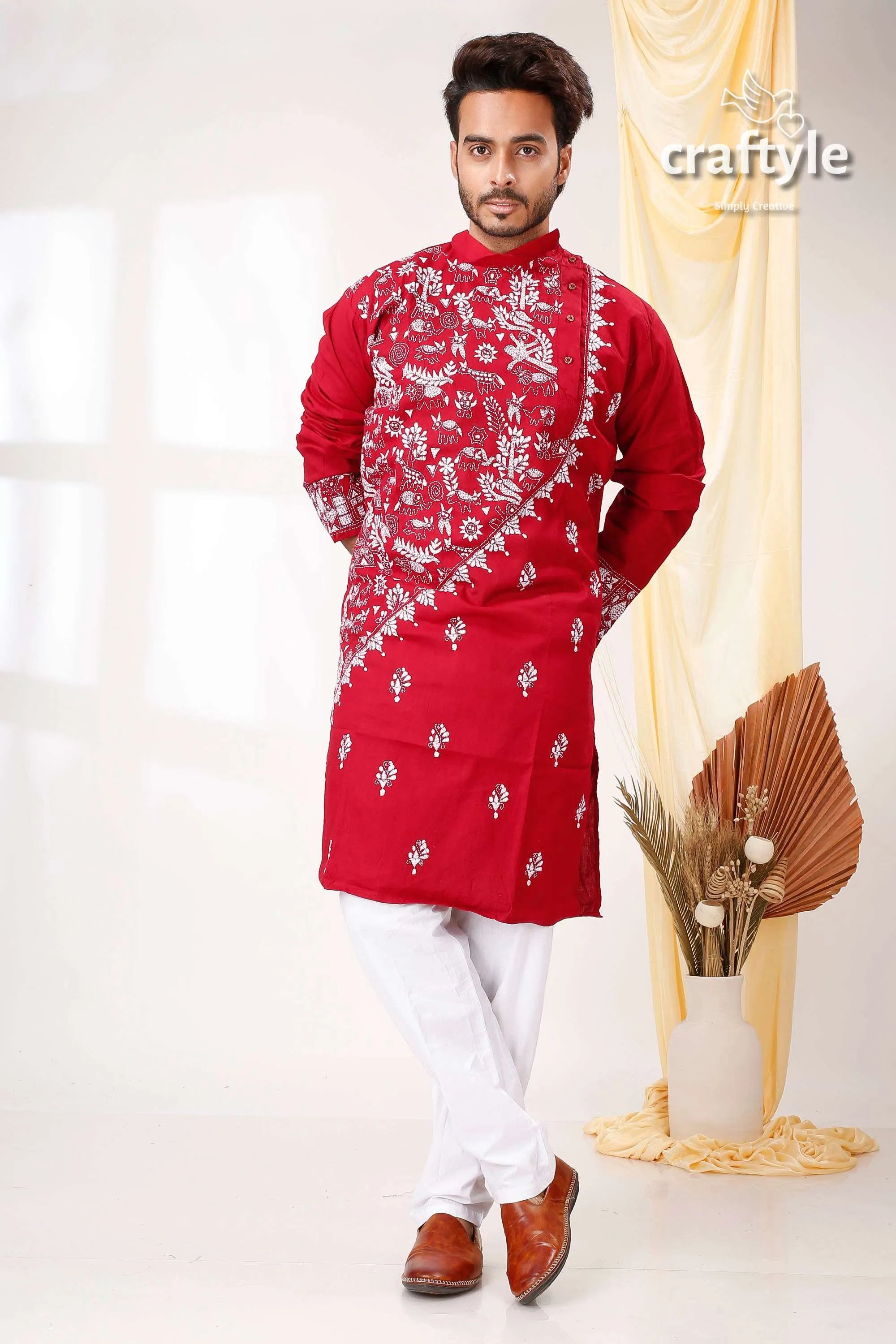 Burgundy red white thread kantha work cotton punjabi for men embroidered kurta floral 4