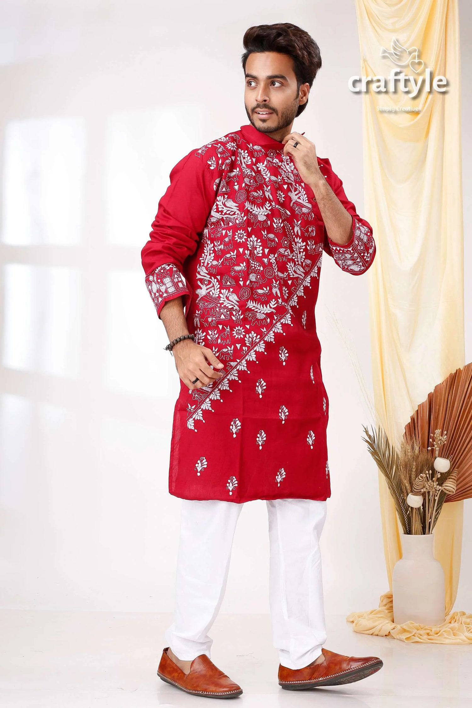 Burgundy red white thread kantha work cotton punjabi for men embroidered kurta floral 5