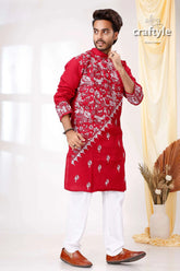 Burgundy red white thread kantha work cotton punjabi for men embroidered kurta floral 1