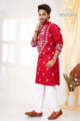 Burgundy red white thread kantha work cotton punjabi for men embroidered kurta floral 3