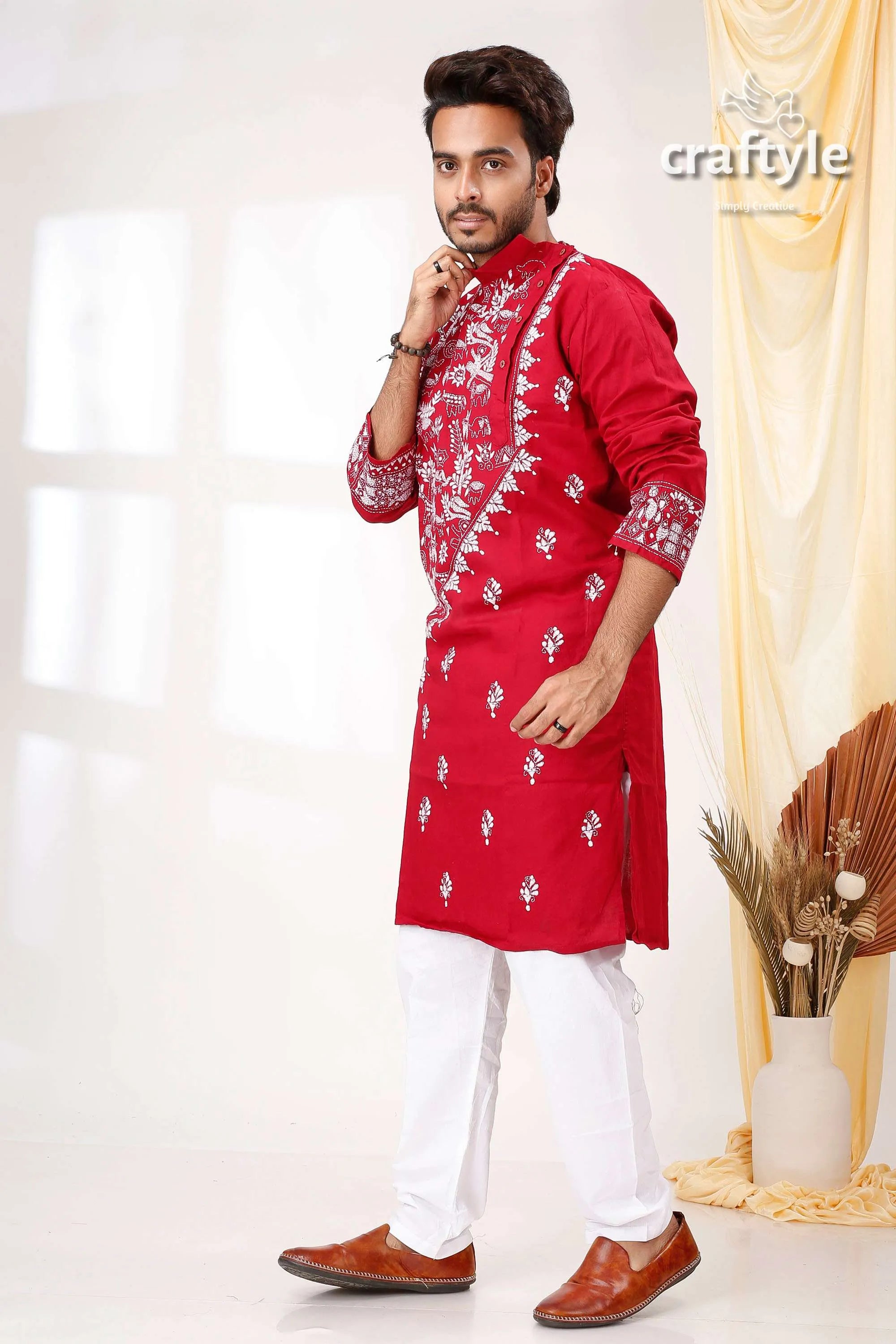 Burgundy red white thread kantha work cotton punjabi for men embroidered kurta floral 3