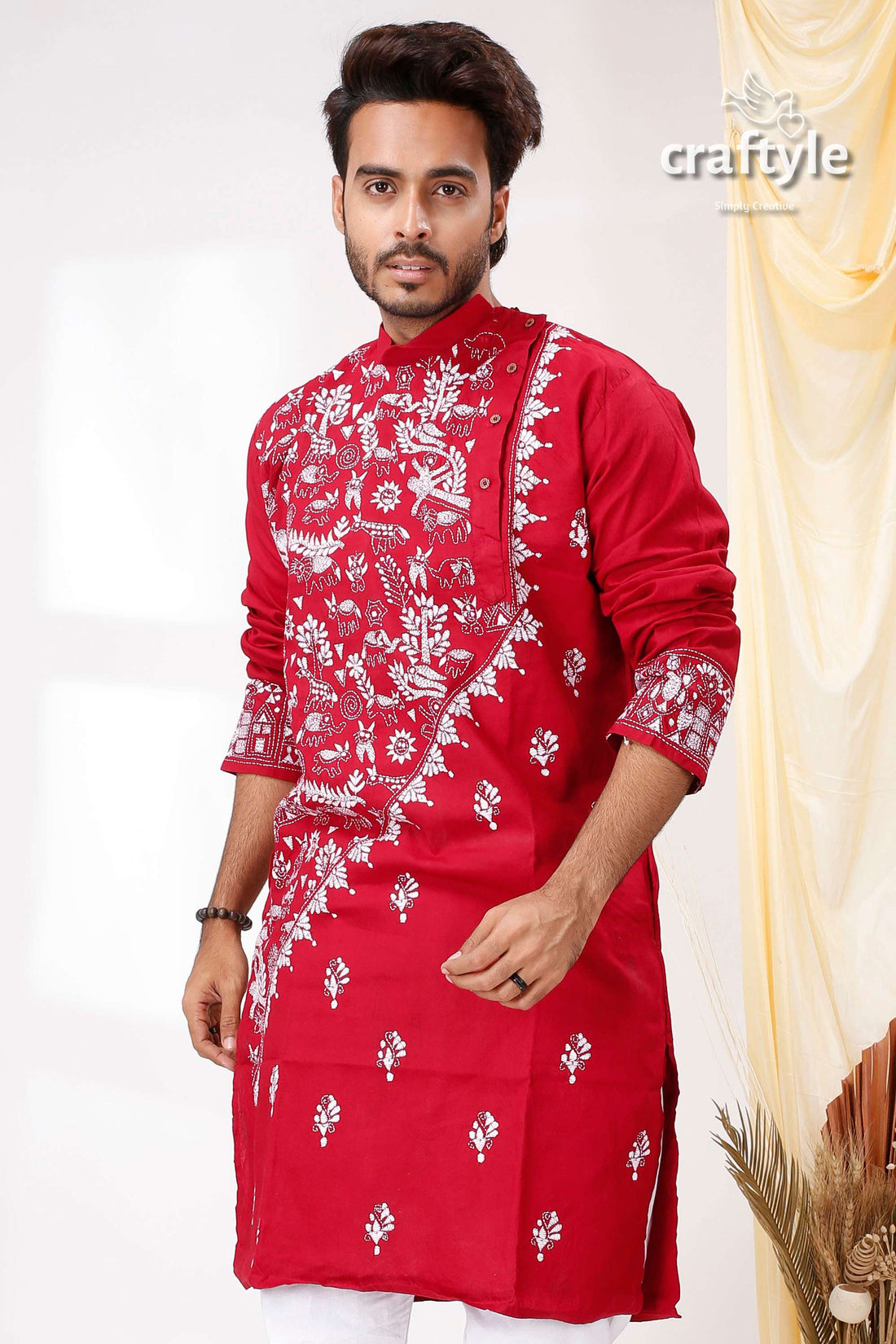 Burgundy Red White Thread Kantha Work Cotton Punjabi for Men - Craftyle