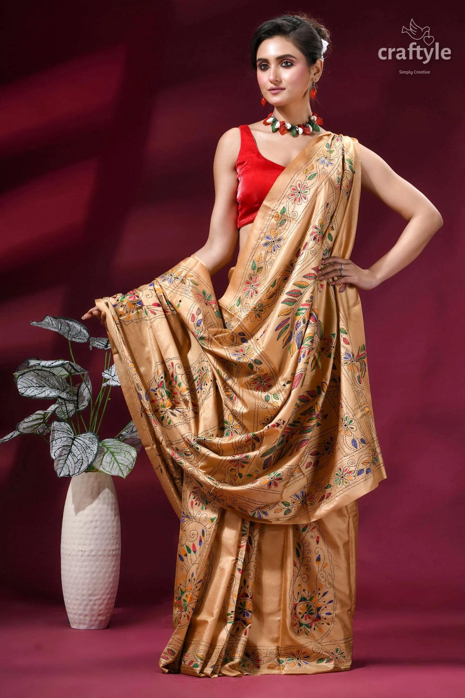 Burly wood ethnic design silk kantha stitch saree golden silk saree intricate floral 5
