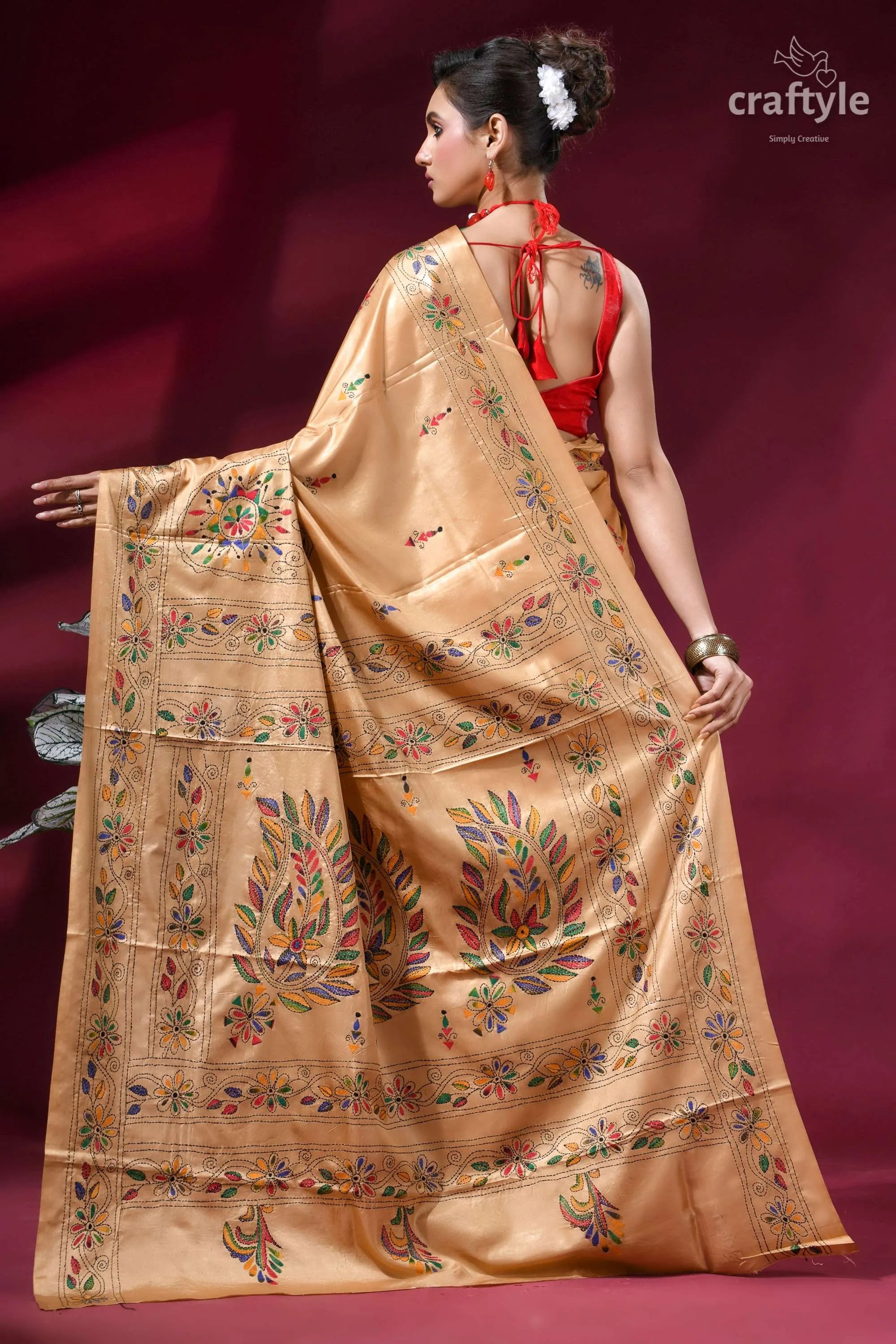 Burly wood ethnic design silk kantha stitch saree golden silk saree intricate multicolored 4