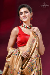 Burly wood ethnic design silk kantha stitch saree woman wears vibrant red satin 2