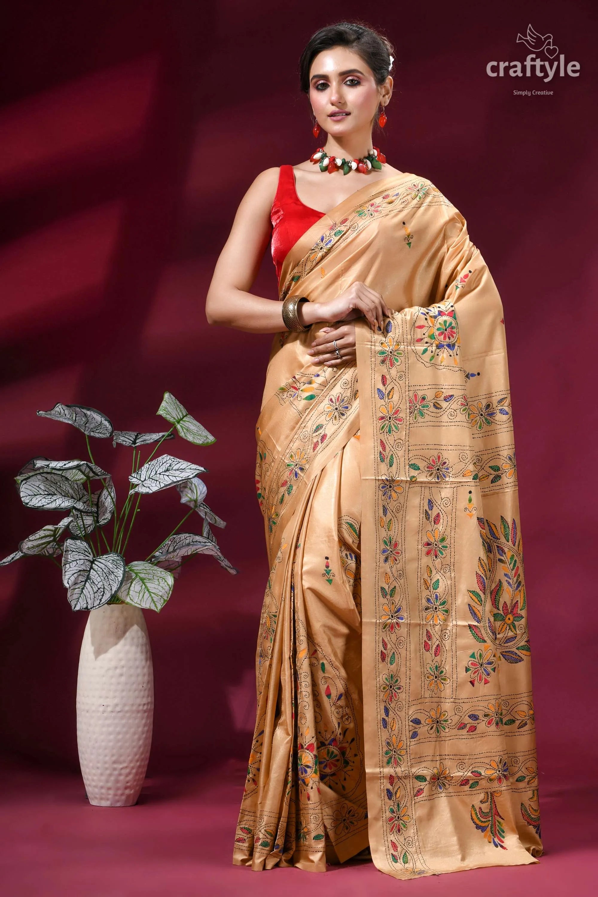 Burly wood ethnic design silk kantha stitch saree woman wears golden silk saree 6