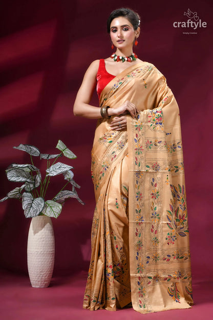 Burly wood ethnic design silk kantha stitch saree woman wears golden silk saree 6