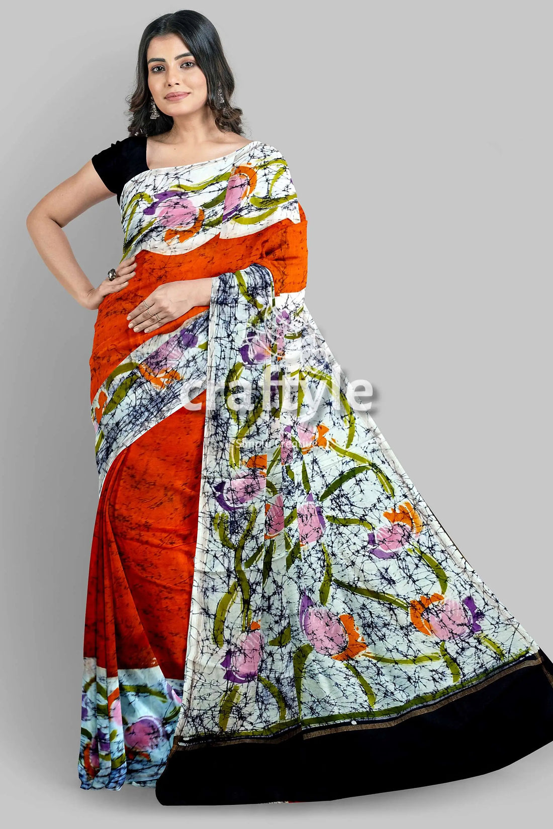 Burning orange hand batik pure mulberry silk saree - woman orange floral saree 2