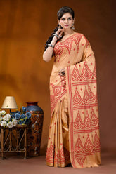 Burning sand ethnic motif hand embroidered silk kutch work saree woman wears beige saree intricate 6